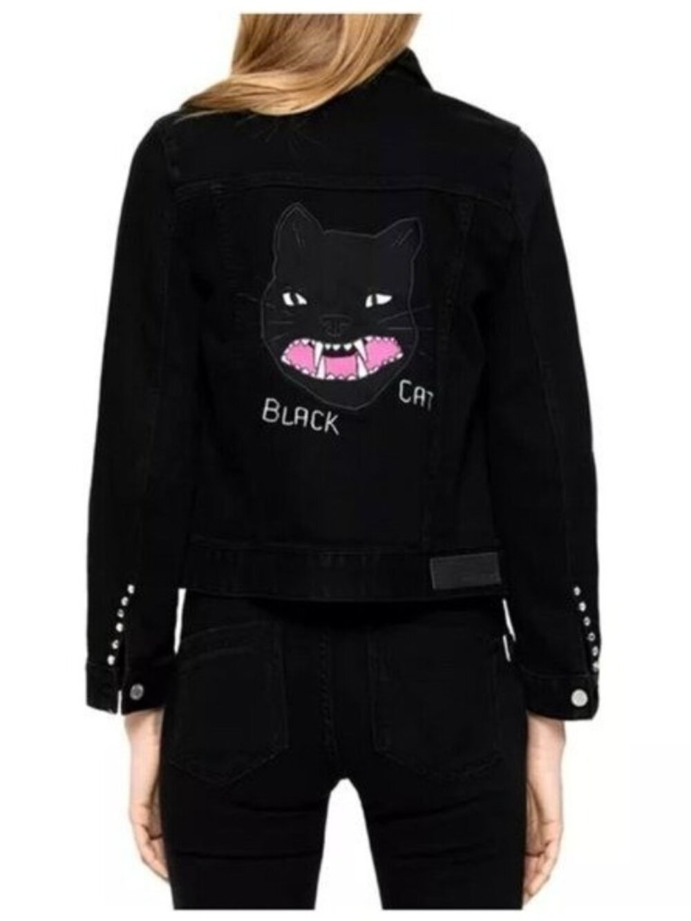 Zadig & Voltaire Kioko Cat Embroidered Denim Moto Jacket Black Rock